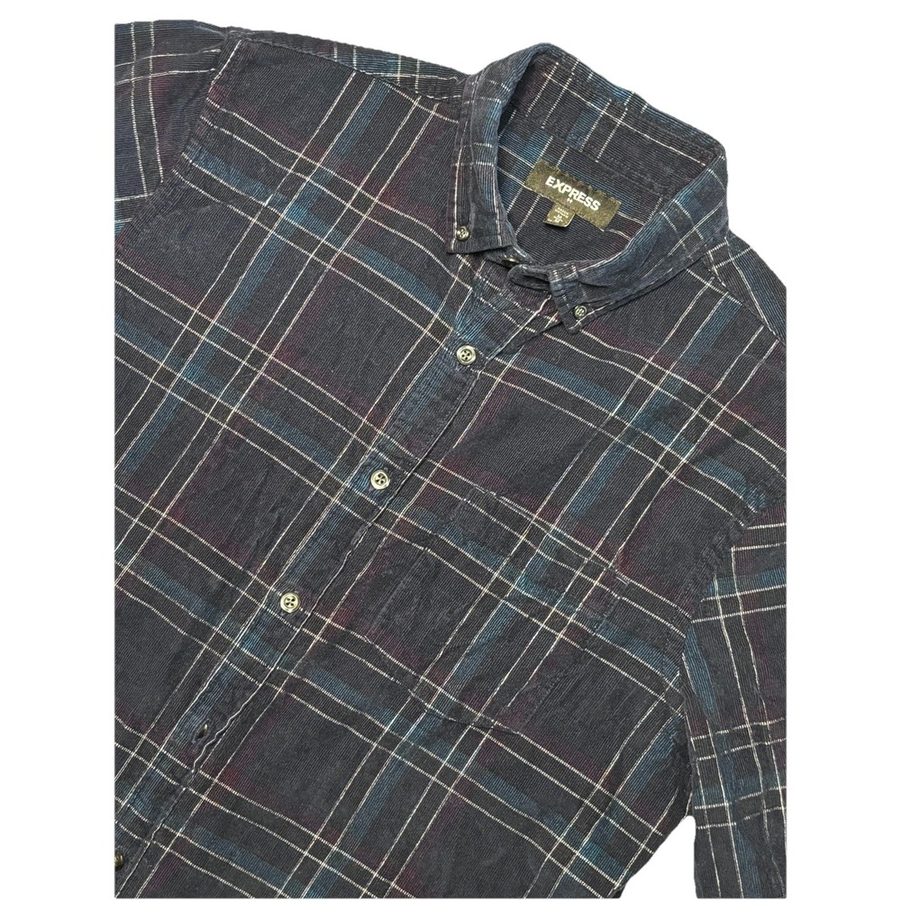 Express Mens Plaid Flannel Button Down Shirt Navy Blue Long Sleeve Size M‎